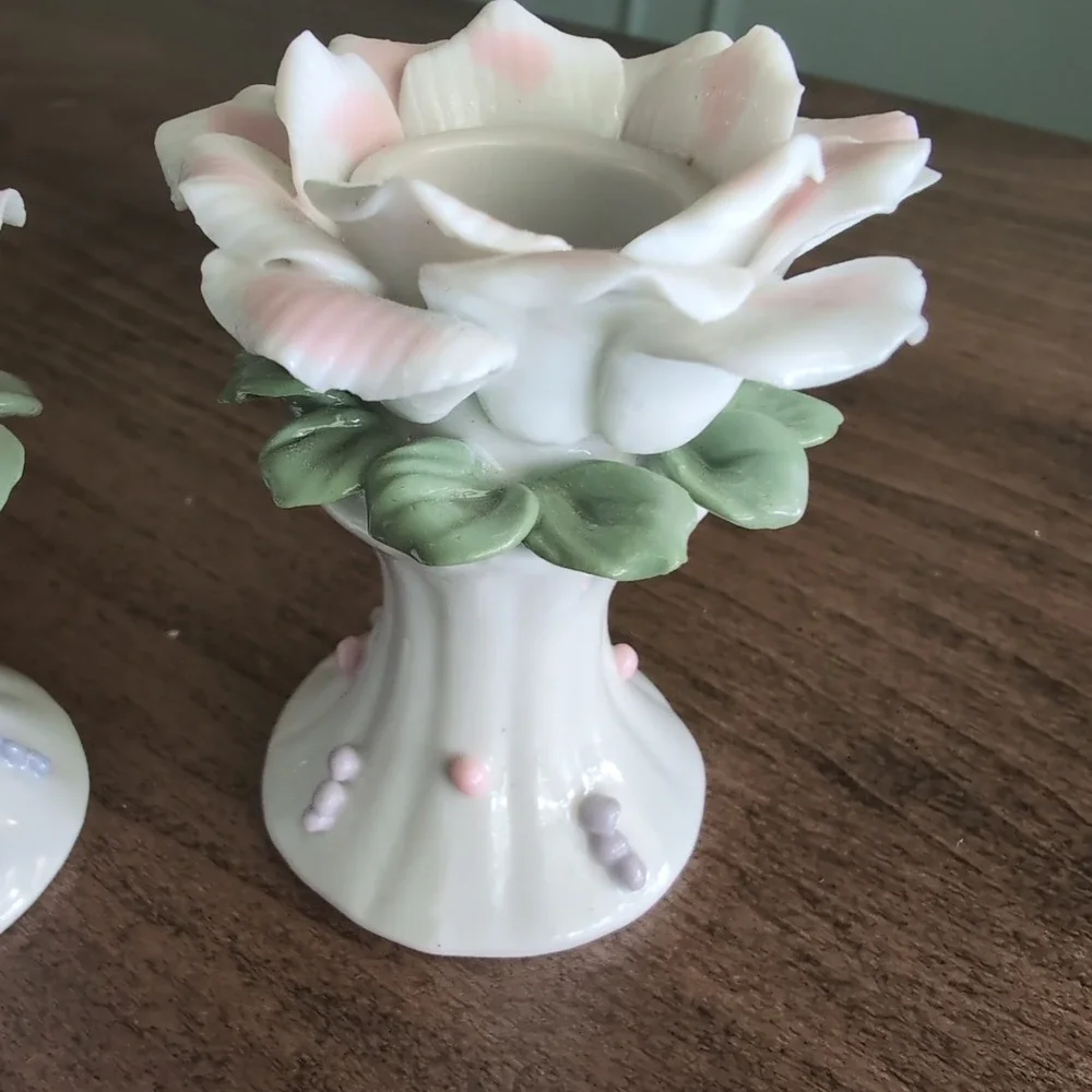 Pair Porcelain Rose Taper Candle‎ Holders Set of 2 White Pink Floral 3